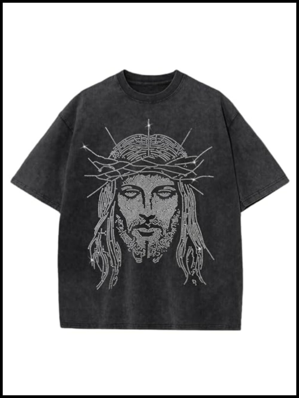 Men's Jesus Rhinestone Graphic T-Shirt Acid Wash Cotton Oversized Christian